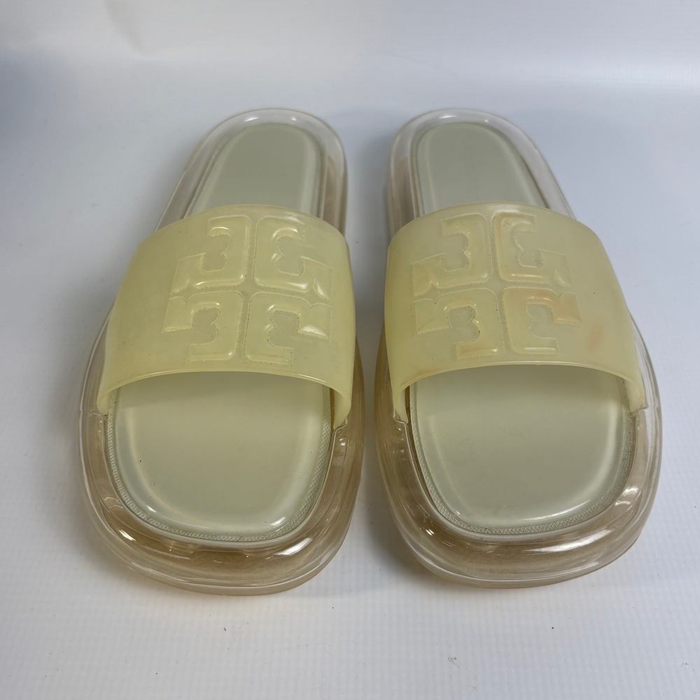 Tory Burch Bubble Jelly Slide Sandals Women 10 Clear Yellow Logo 82980